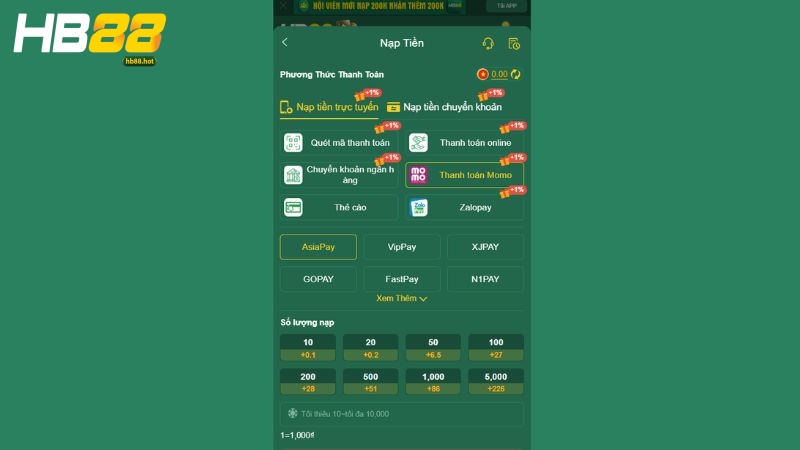 Nạp tiền hb88 bằng hình thức giao dịch trực tuyến 